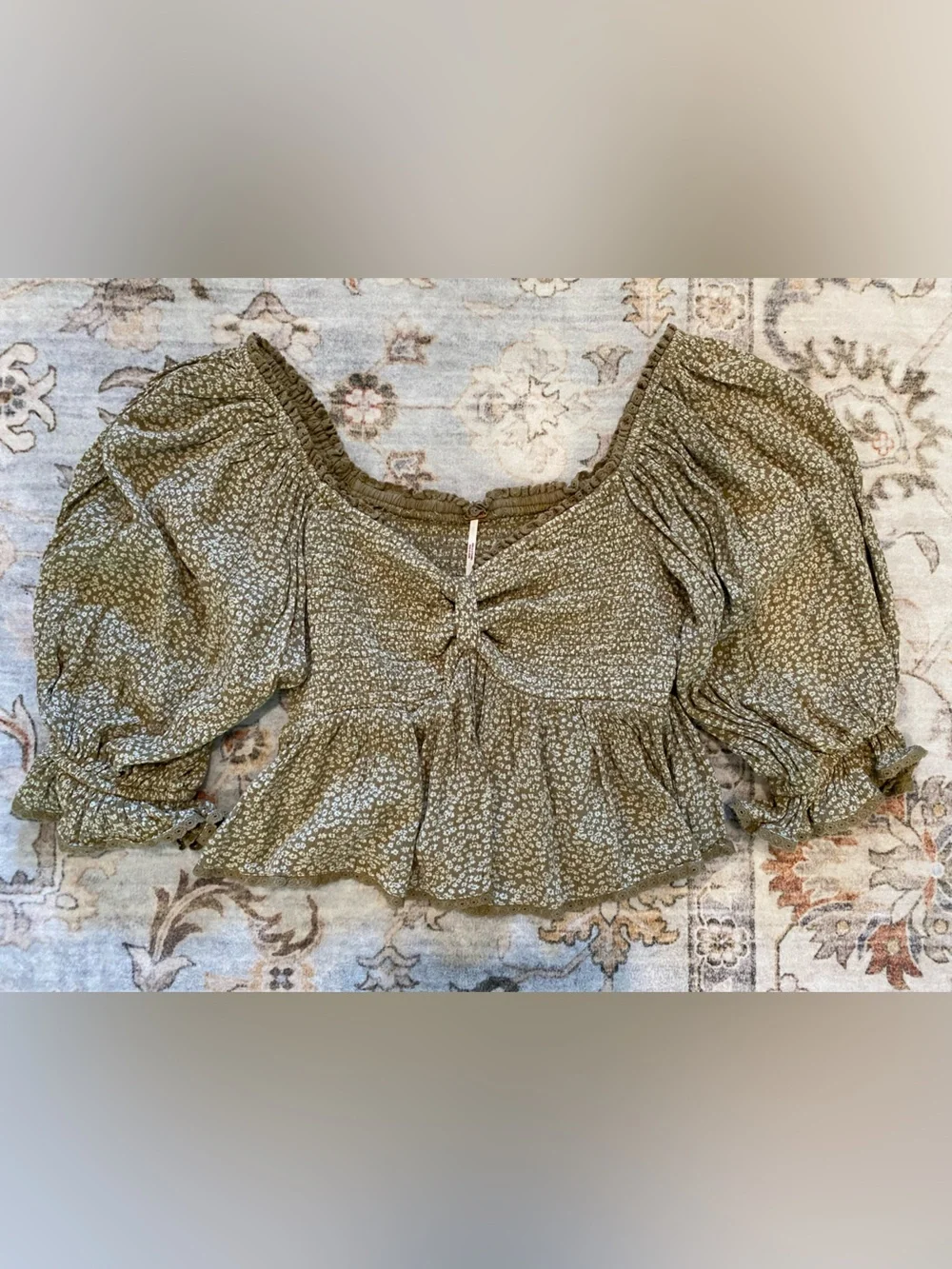 Free People Olive Floral Puff Sleeve Cropped Women's Top